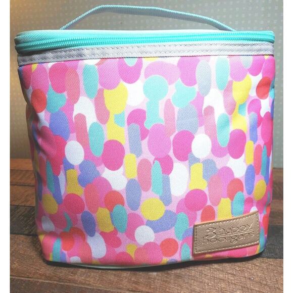 3 Happy Hooligans Insulated Lunch Tote Box Pink Teal Blue Dots Pompom Embossed - Picture 1 of 9